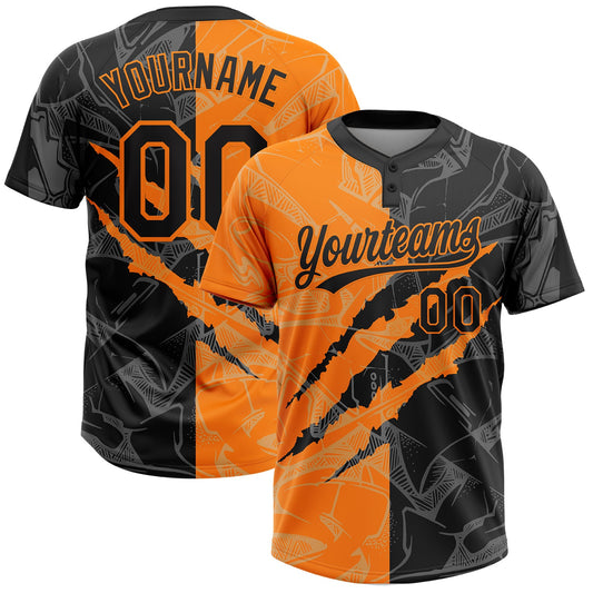 Custom Graffiti Pattern Black-Bay Orange 3D Scratch Two-Button Unisex Softball Jersey - Main View