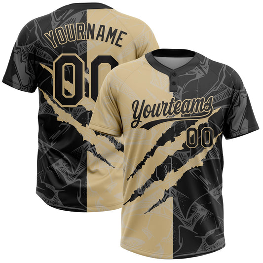 Custom Graffiti Pattern Black-Vegas Gold 3D Scratch Two-Button Unisex Softball Jersey - Main View