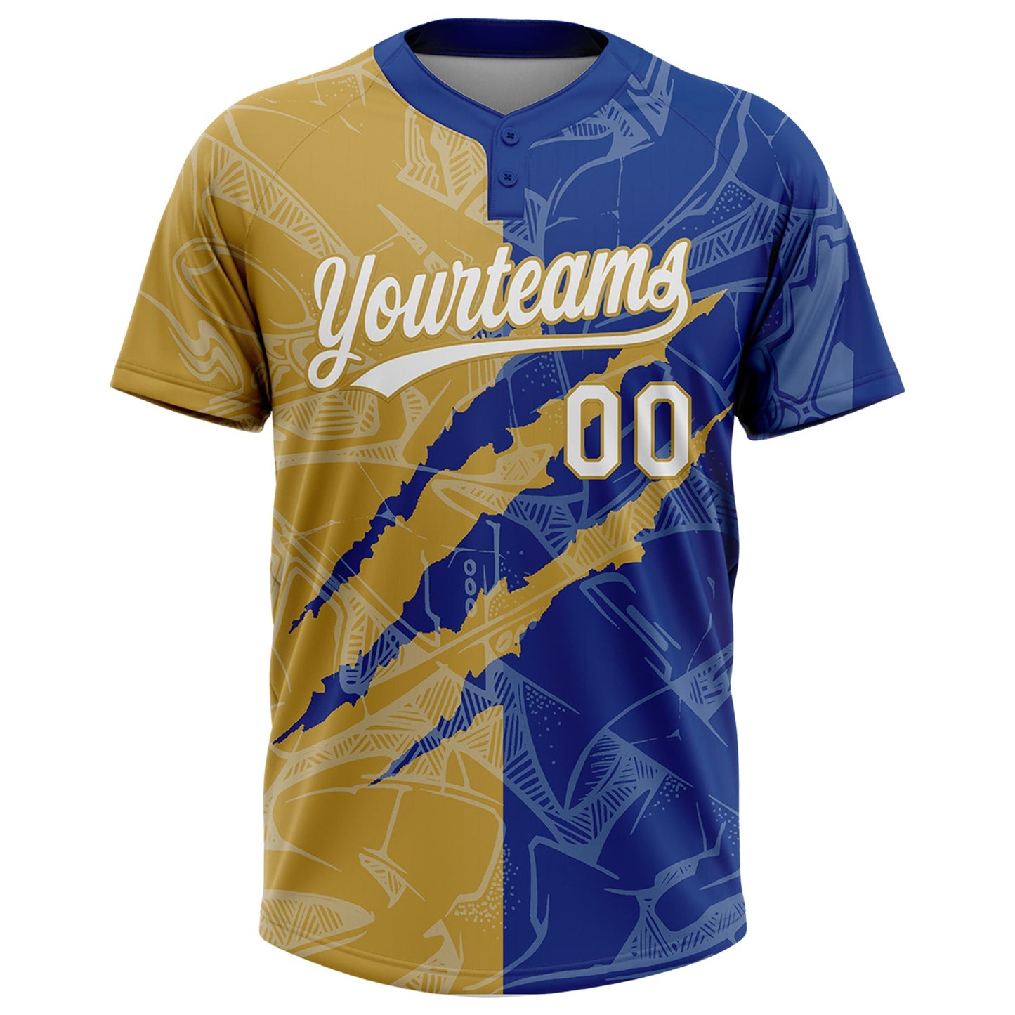 Custom Graffiti Pattern White Royal-Old Gold 3D Scratch Two-Button Unisex Softball Jersey view 2
