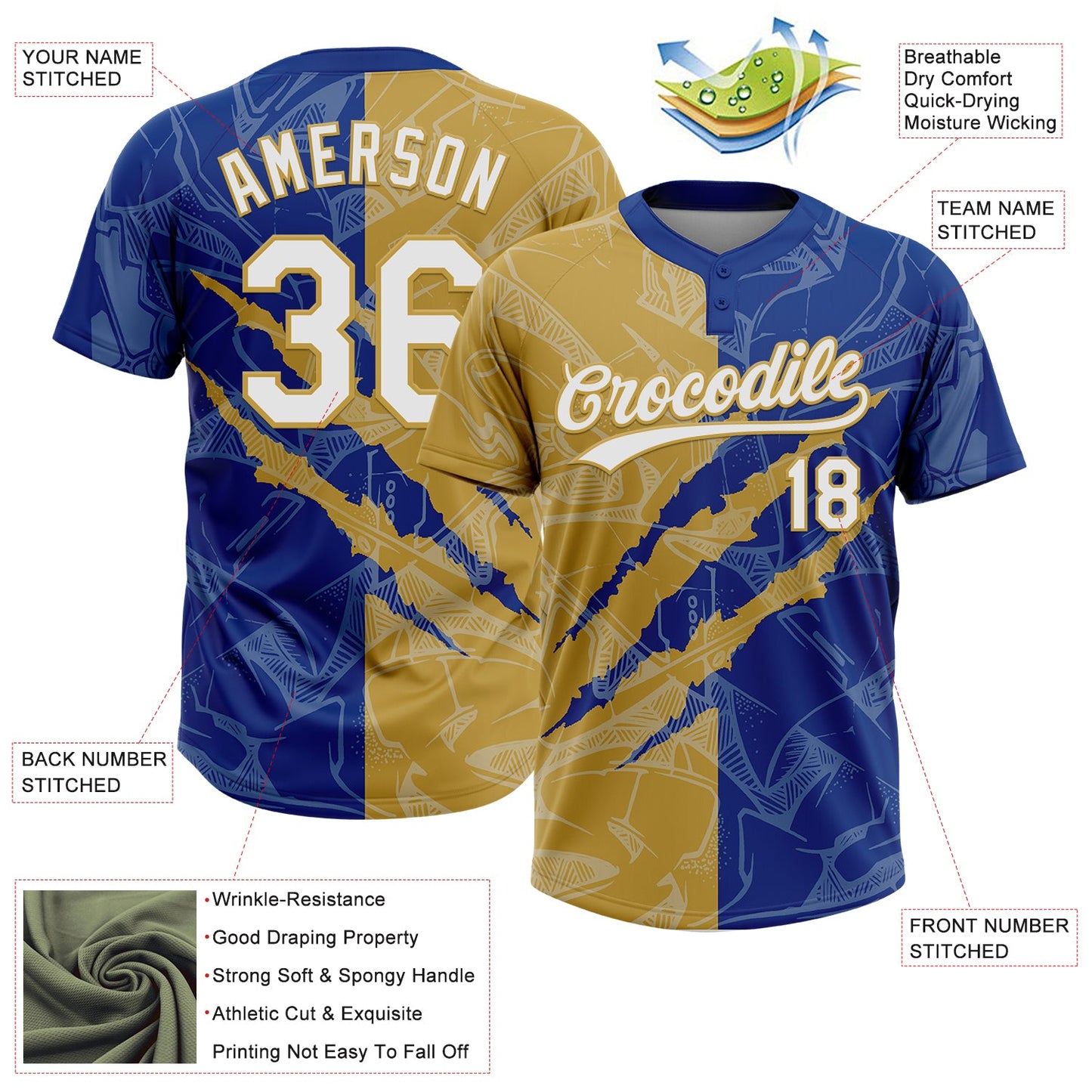 Custom Graffiti Pattern White Royal-Old Gold 3D Scratch Two-Button Unisex Softball Jersey view 3