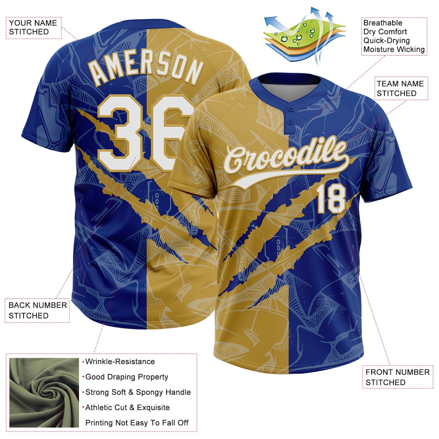 Custom Graffiti Pattern White Royal-Old Gold 3D Scratch Two-Button Unisex Softball Jersey view 3