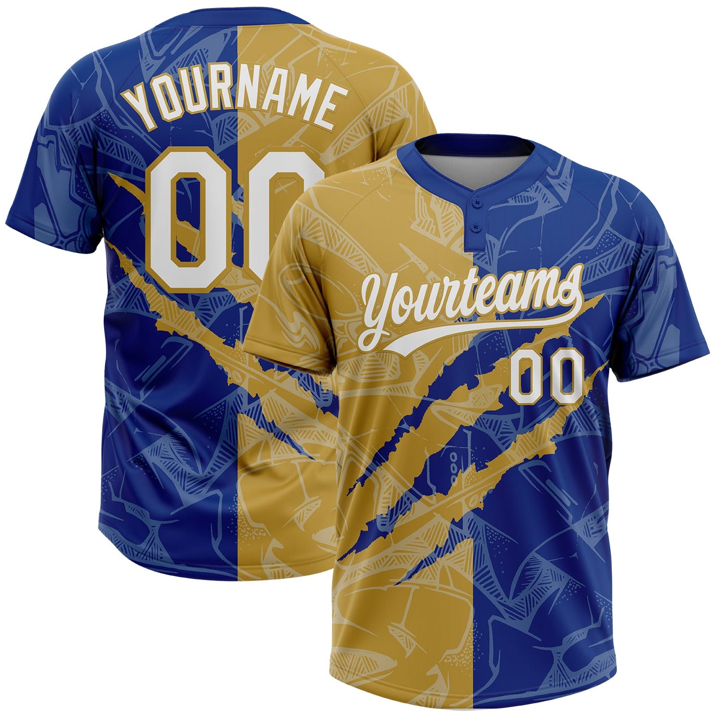 Custom Graffiti Pattern White Royal-Old Gold 3D Scratch Two-Button Unisex Softball Jersey - Main View