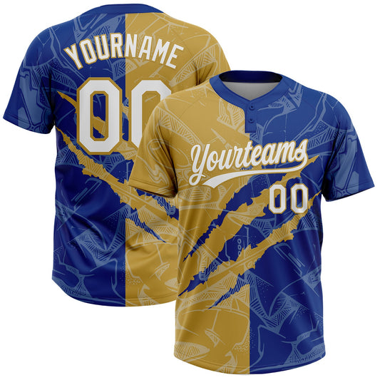 Custom Graffiti Pattern White Royal-Old Gold 3D Scratch Two-Button Unisex Softball Jersey - Main View