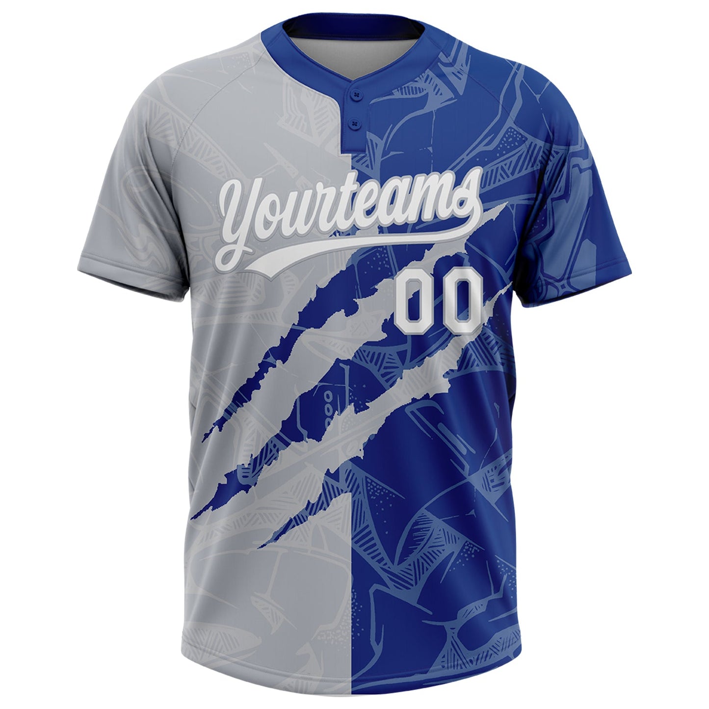 Custom Graffiti Pattern White Royal-Gray 3D Scratch Two-Button Unisex Softball Jersey view 2