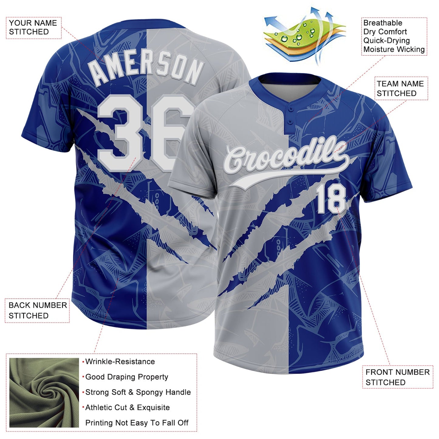 Custom Graffiti Pattern White Royal-Gray 3D Scratch Two-Button Unisex Softball Jersey view 3