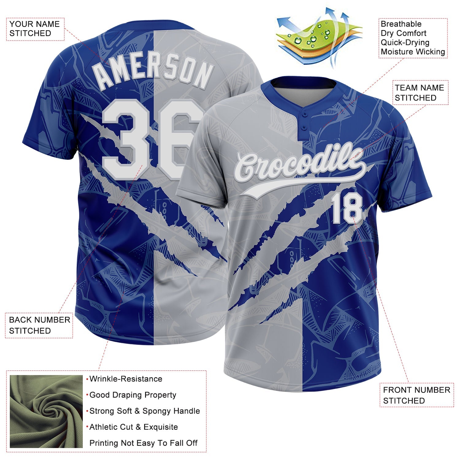 Custom Graffiti Pattern White Royal-Gray 3D Scratch Two-Button Unisex Softball Jersey view 3