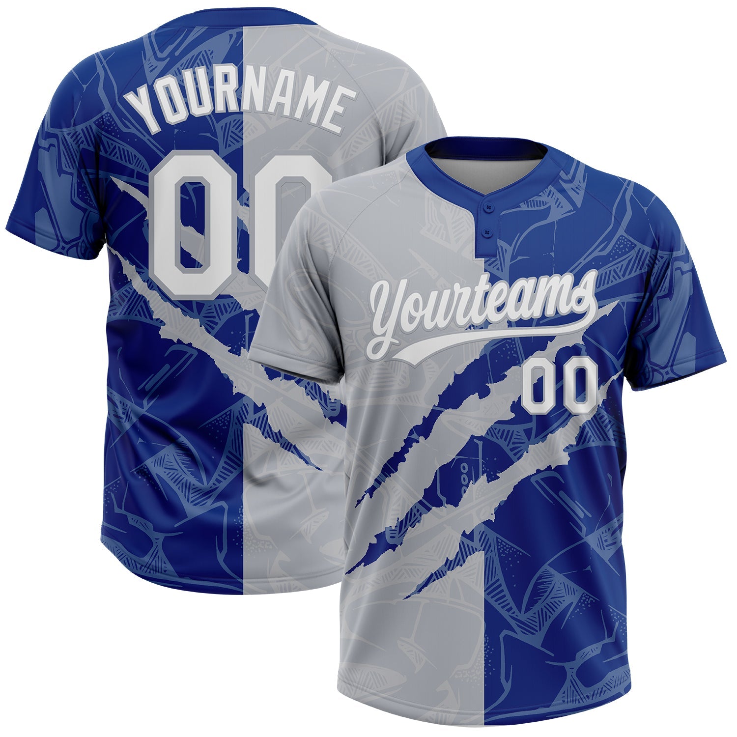 Custom Graffiti Pattern White Royal-Gray 3D Scratch Two-Button Unisex Softball Jersey - Main View