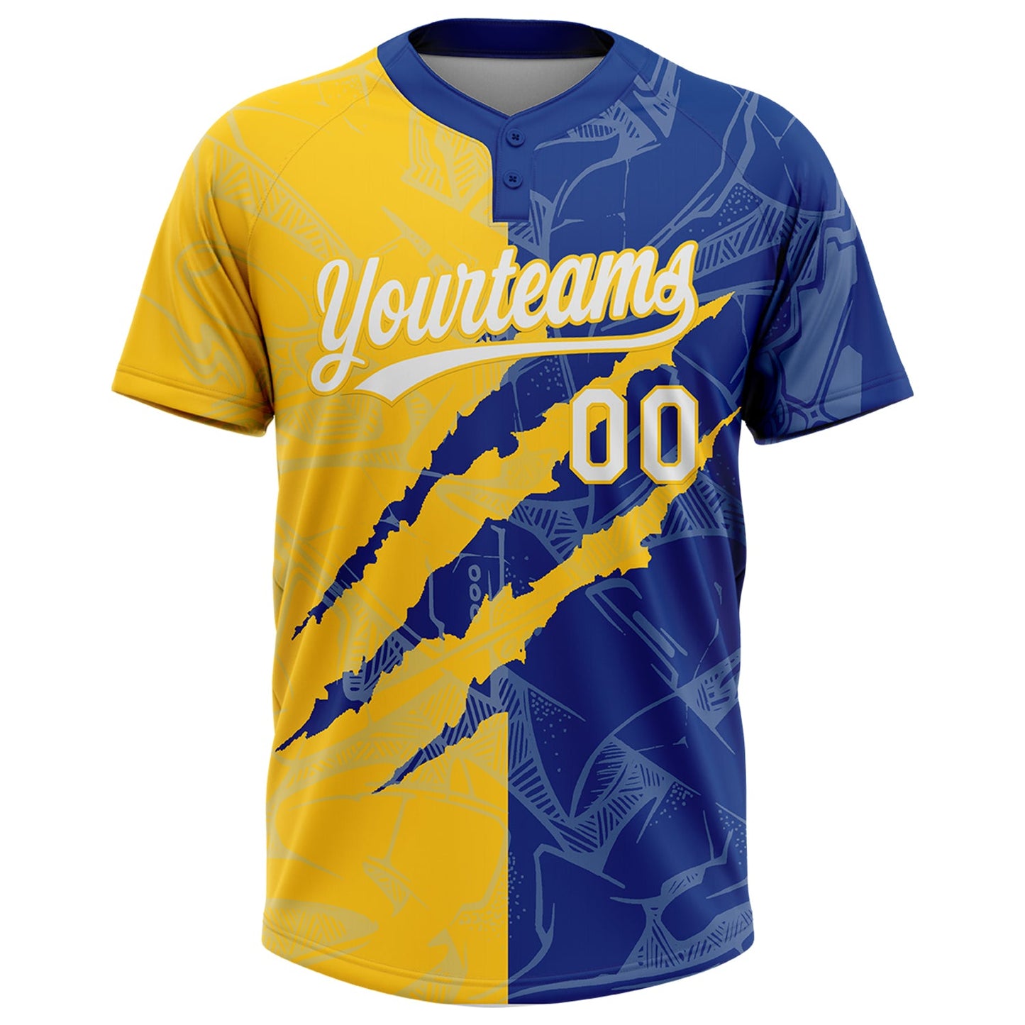 Custom Graffiti Pattern White Royal-Yellow 3D Scratch Two-Button Unisex Softball Jersey view 2