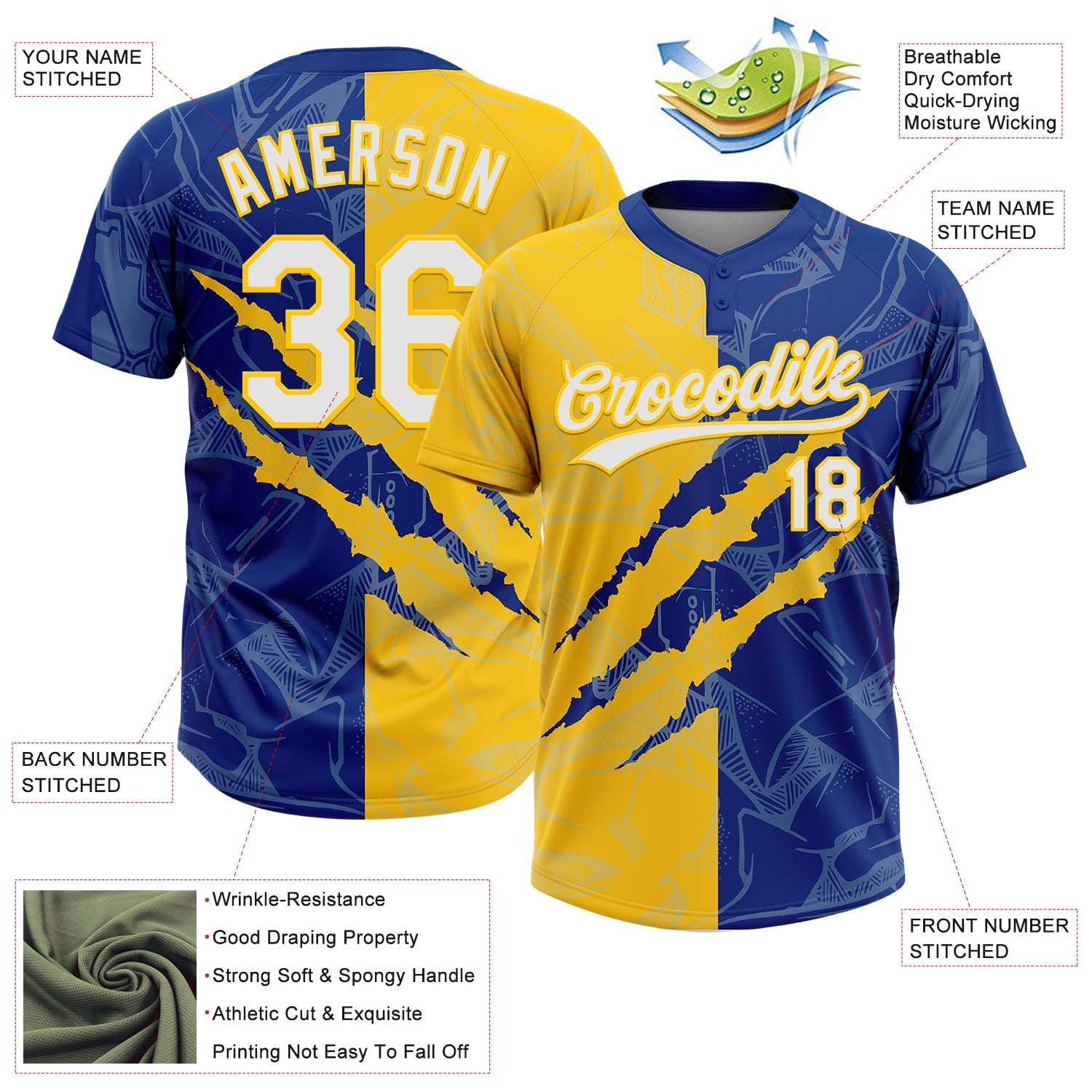 Custom Graffiti Pattern White Royal-Yellow 3D Scratch Two-Button Unisex Softball Jersey view 3