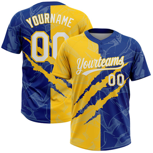 Custom Graffiti Pattern White Royal-Yellow 3D Scratch Two-Button Unisex Softball Jersey - Main View