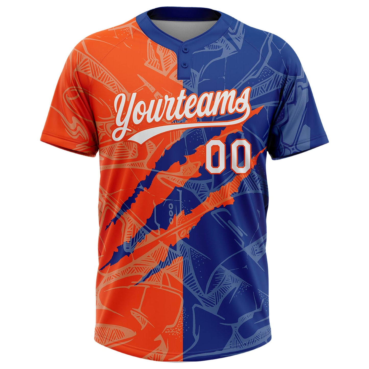 Custom Graffiti Pattern White Royal-Orange 3D Scratch Two-Button Unisex Softball Jersey view 2