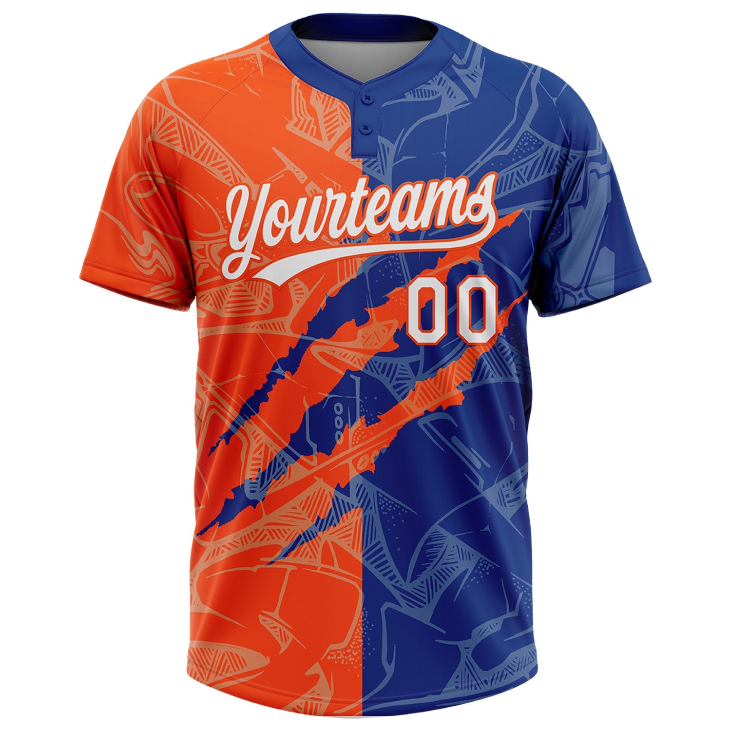 Custom Graffiti Pattern White Royal-Orange 3D Scratch Two-Button Unisex Softball Jersey view 2