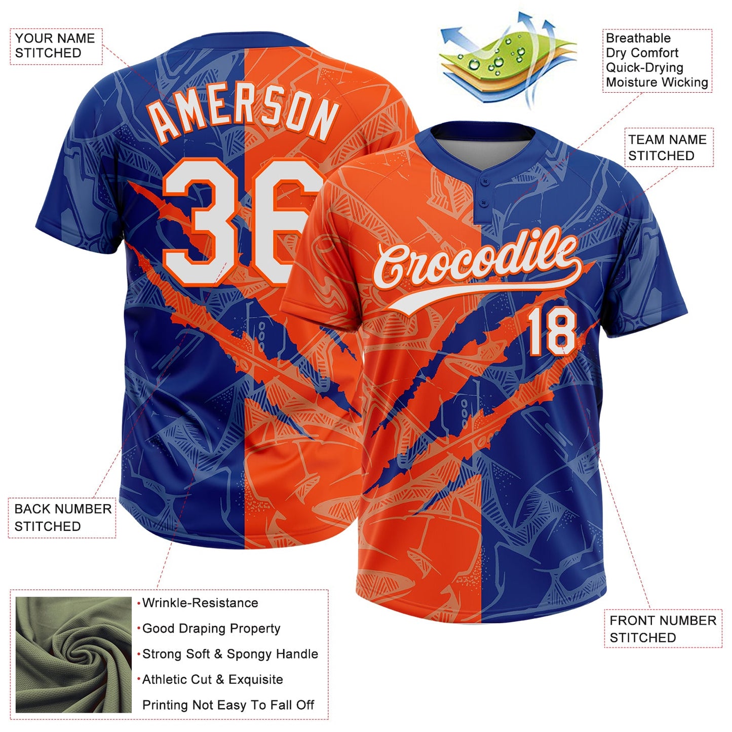 Custom Graffiti Pattern White Royal-Orange 3D Scratch Two-Button Unisex Softball Jersey view 3