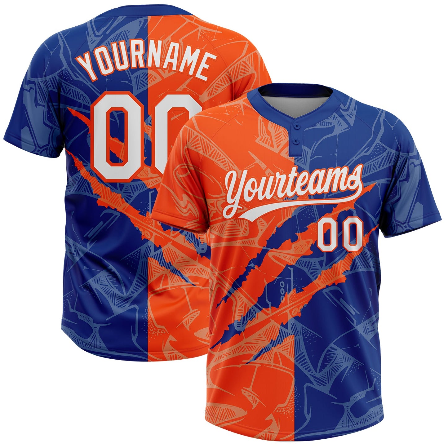 Custom Graffiti Pattern White Royal-Orange 3D Scratch Two-Button Unisex Softball Jersey - Main View