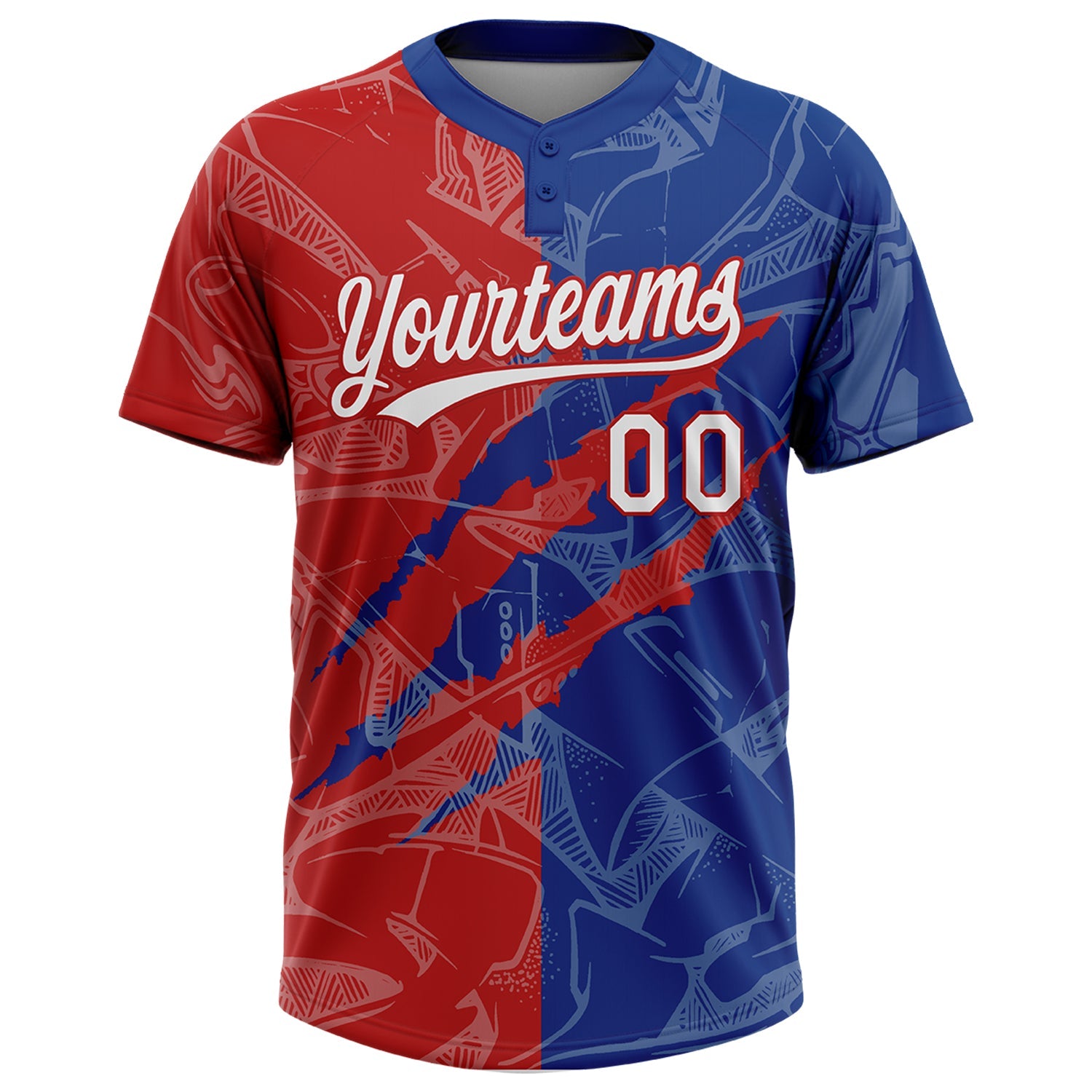 Custom Graffiti Pattern White Royal-Red 3D Scratch Two-Button Unisex Softball Jersey view 2