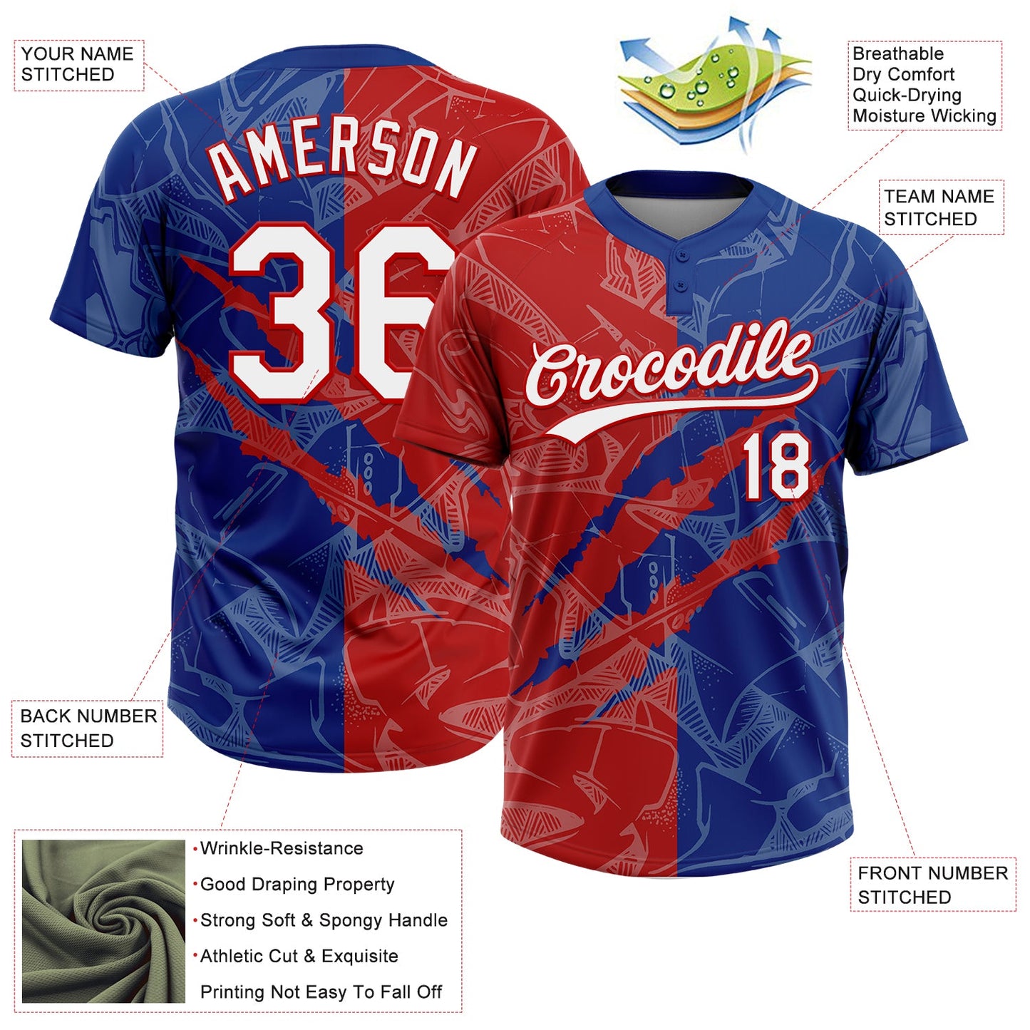 Custom Graffiti Pattern White Royal-Red 3D Scratch Two-Button Unisex Softball Jersey view 3