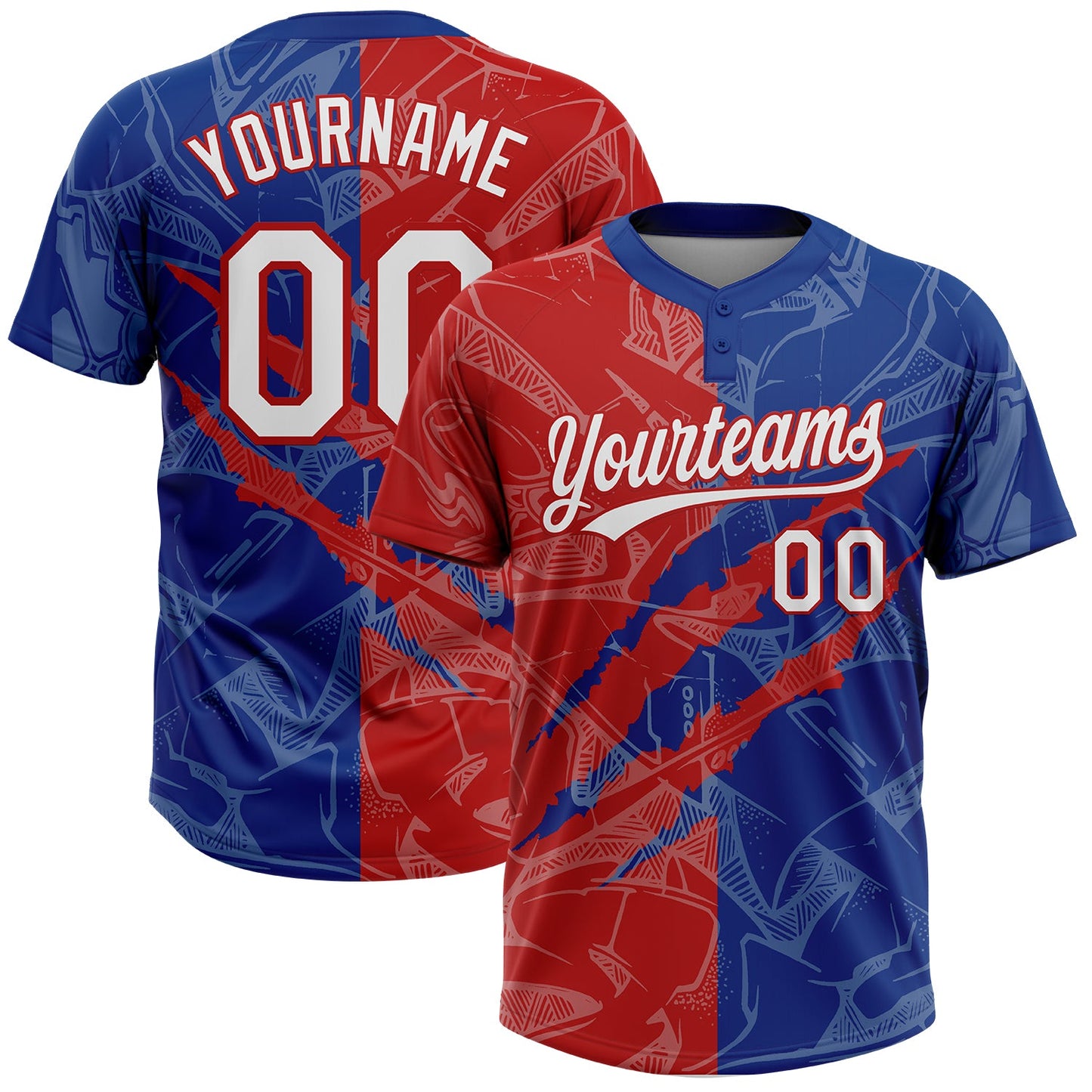 Custom Graffiti Pattern White Royal-Red 3D Scratch Two-Button Unisex Softball Jersey - Main View