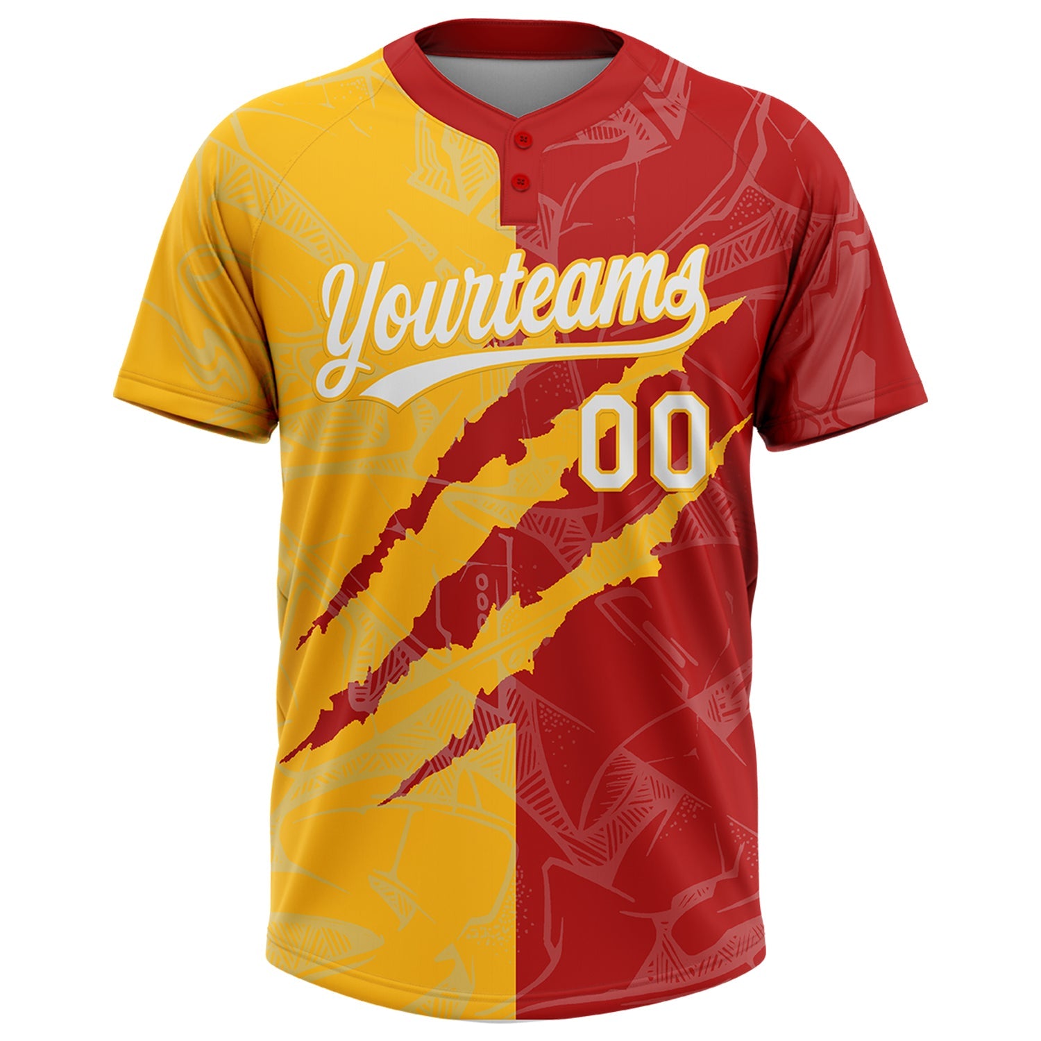 Custom Graffiti Pattern White Red-Gold 3D Scratch Two-Button Unisex Softball Jersey view 2