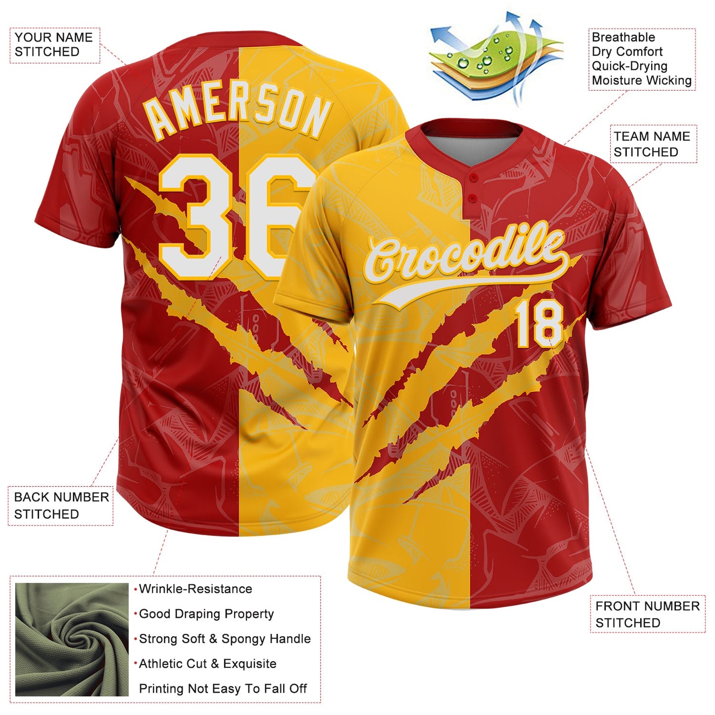 Custom Graffiti Pattern White Red-Gold 3D Scratch Two-Button Unisex Softball Jersey view 3