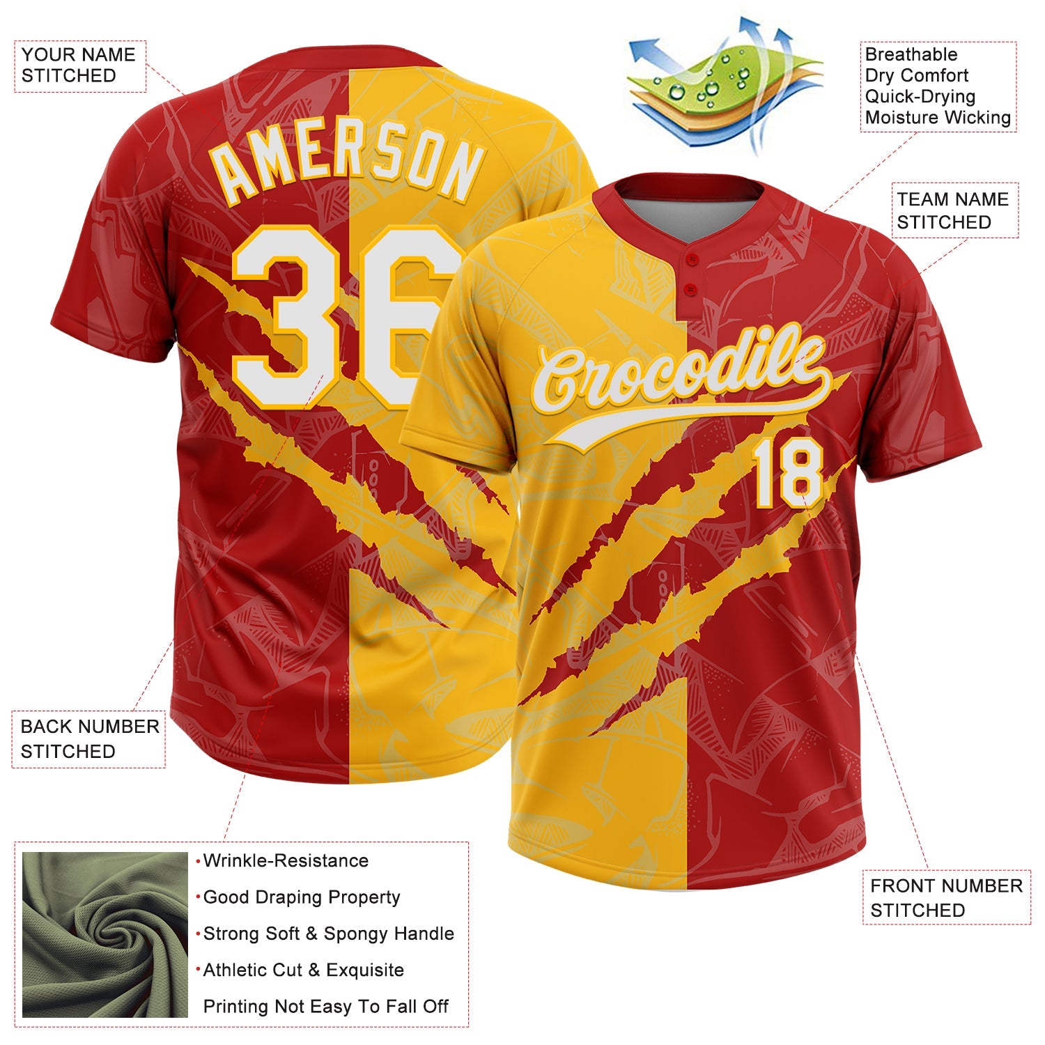 Custom Graffiti Pattern White Red-Gold 3D Scratch Two-Button Unisex Softball Jersey view 3