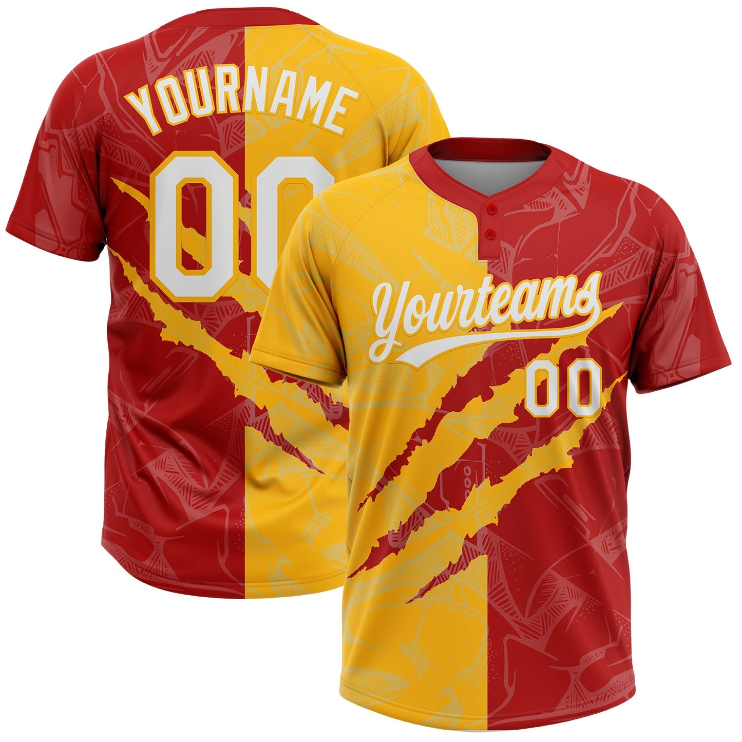 Custom Graffiti Pattern White Red-Gold 3D Scratch Two-Button Unisex Softball Jersey - Main View