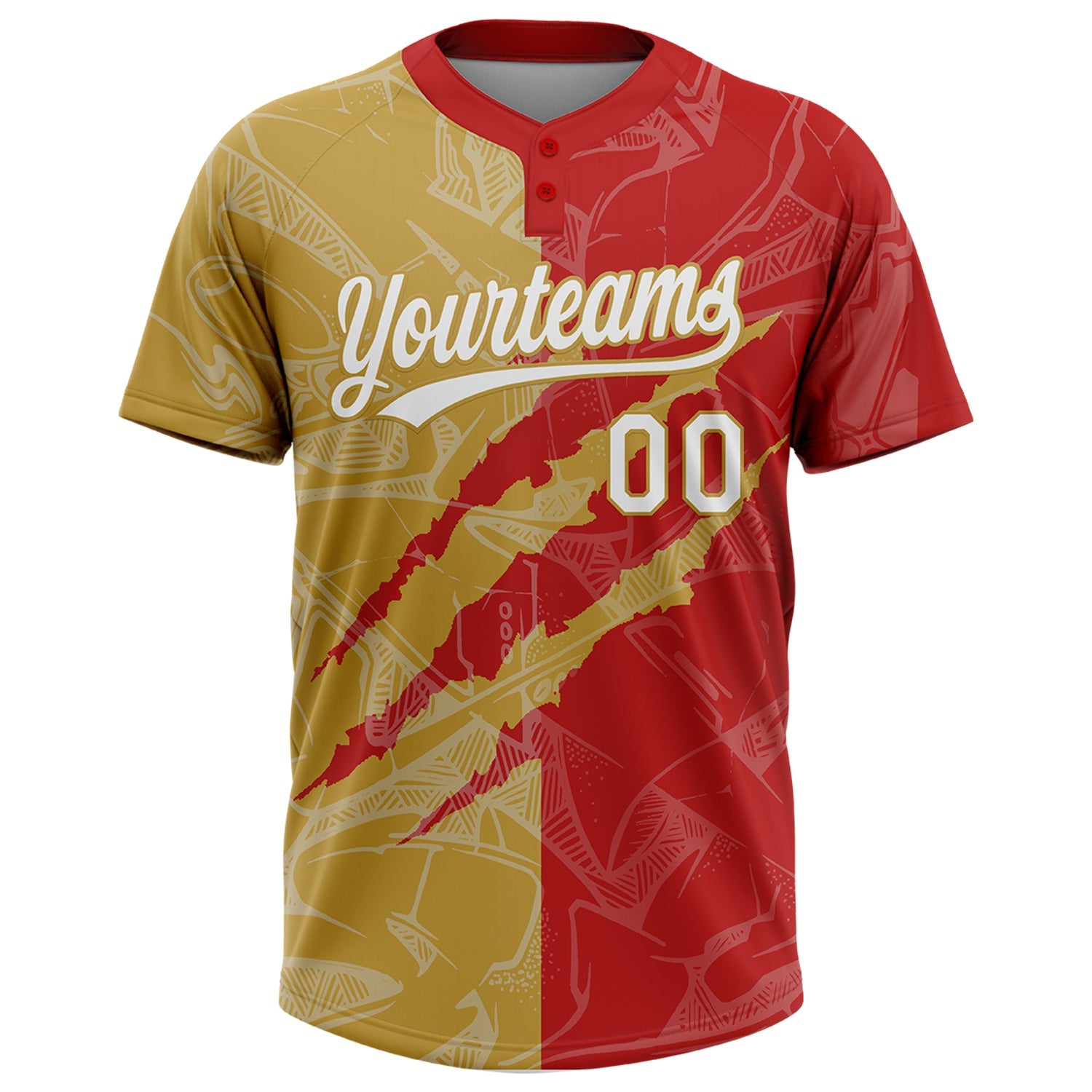 Custom Graffiti Pattern White Red-Old Gold 3D Scratch Two-Button Unisex Softball Jersey view 2