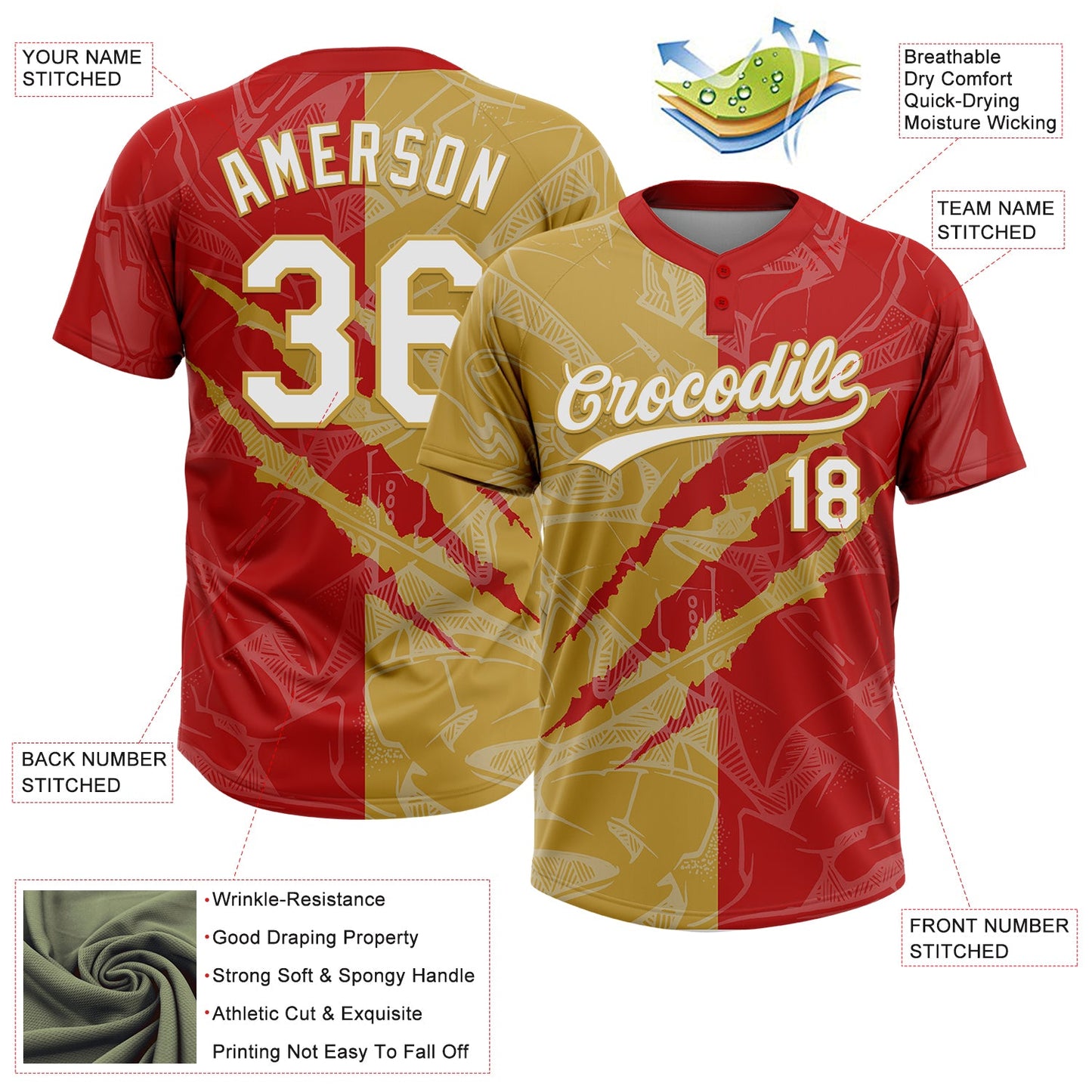 Custom Graffiti Pattern White Red-Old Gold 3D Scratch Two-Button Unisex Softball Jersey view 3