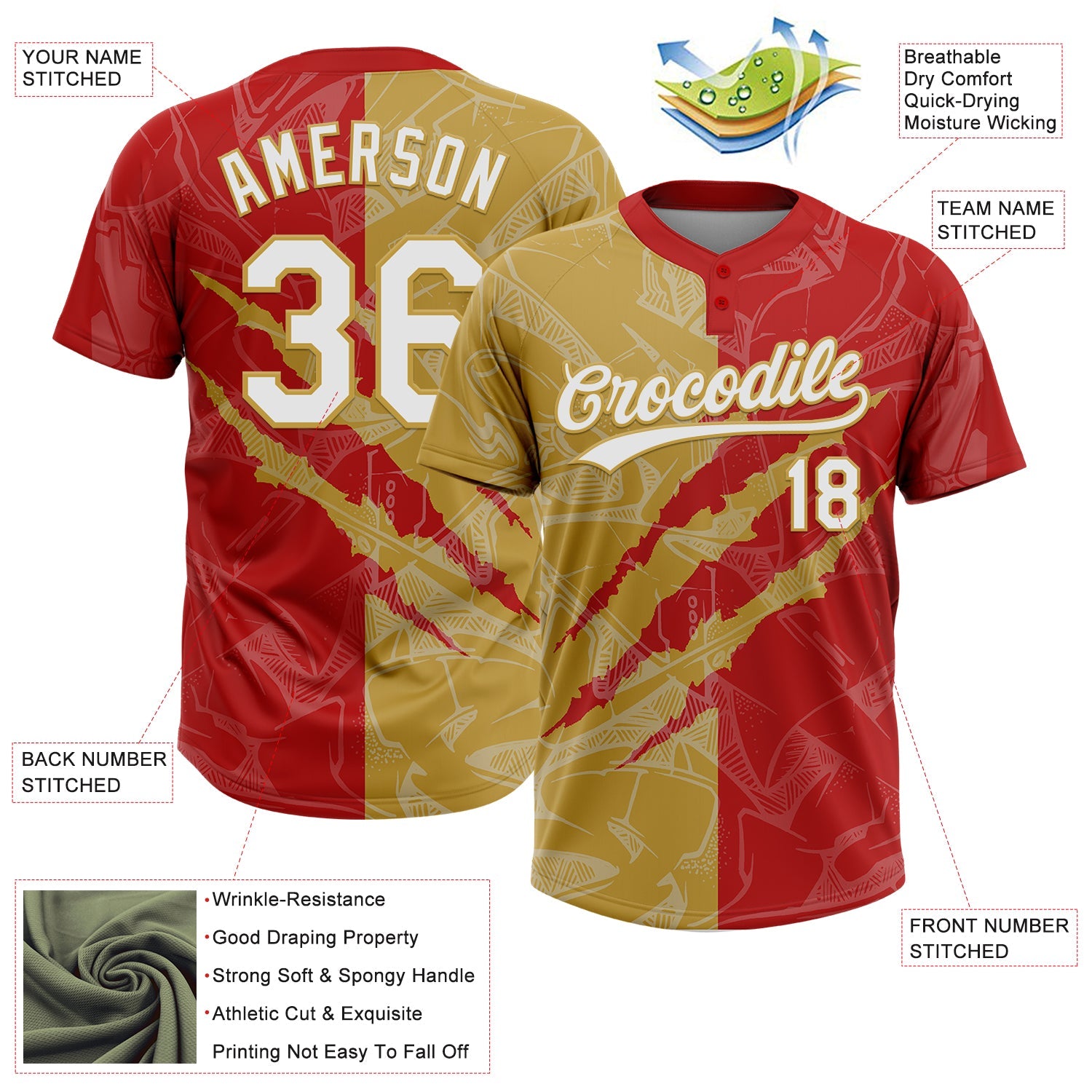 Custom Graffiti Pattern White Red-Old Gold 3D Scratch Two-Button Unisex Softball Jersey view 3
