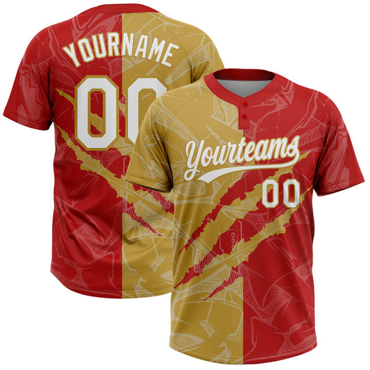Custom Graffiti Pattern White Red-Old Gold 3D Scratch Two-Button Unisex Softball Jersey - Main View