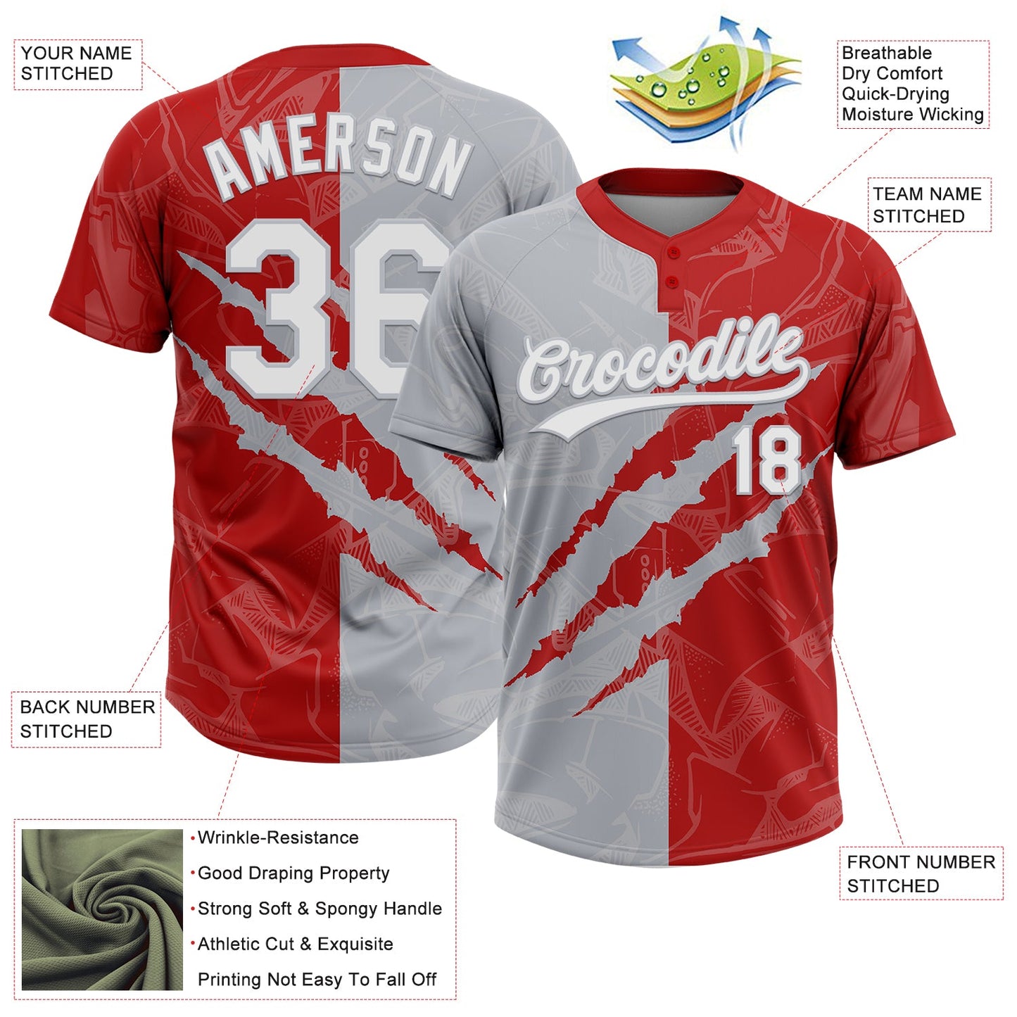 Custom Graffiti Pattern White Red-Gray 3D Scratch Two-Button Unisex Softball Jersey view 3