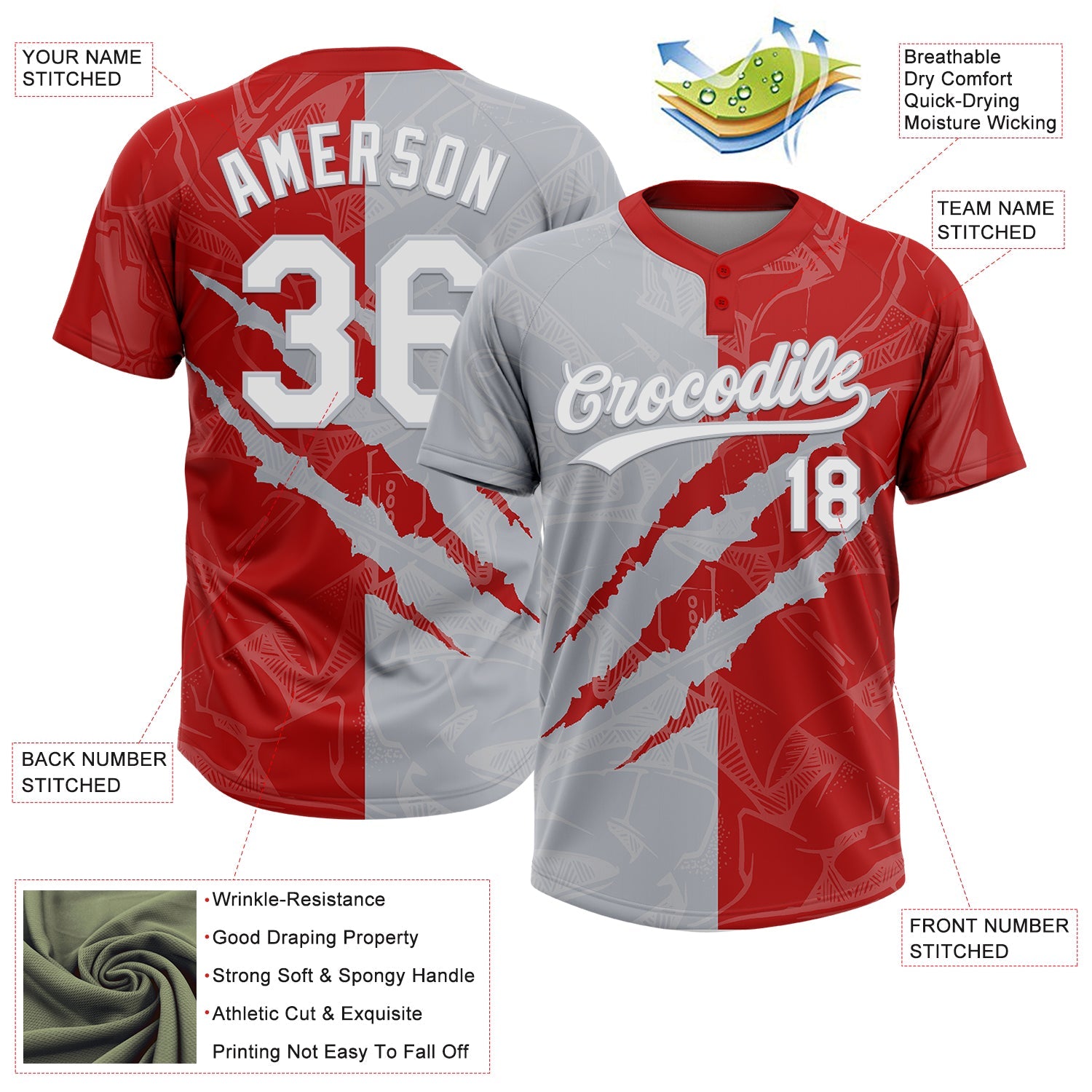 Custom Graffiti Pattern White Red-Gray 3D Scratch Two-Button Unisex Softball Jersey view 3