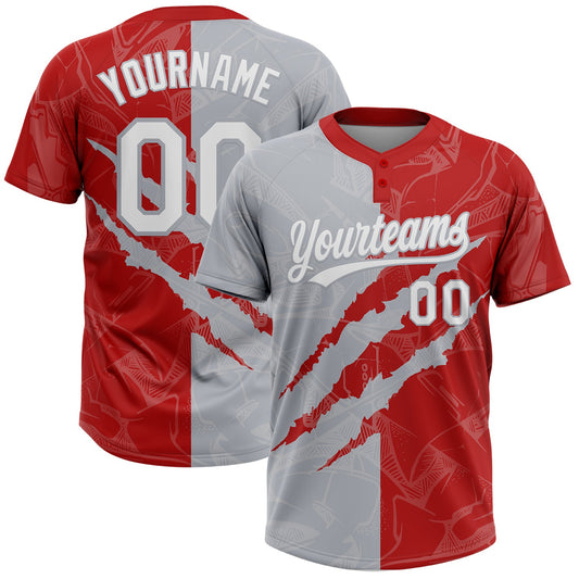 Custom Graffiti Pattern White Red-Gray 3D Scratch Two-Button Unisex Softball Jersey - Main View