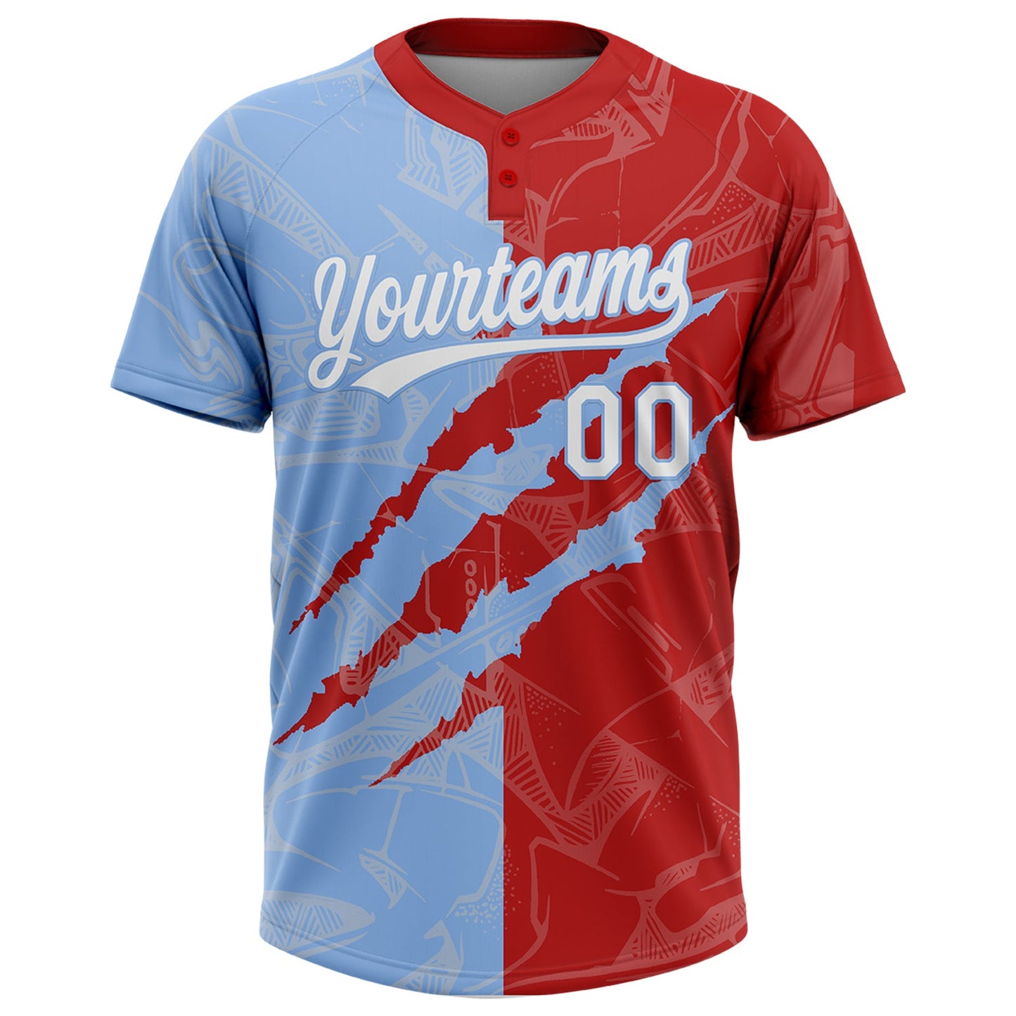 Custom Graffiti Pattern White Red-Light Blue 3D Scratch Two-Button Unisex Softball Jersey view 2