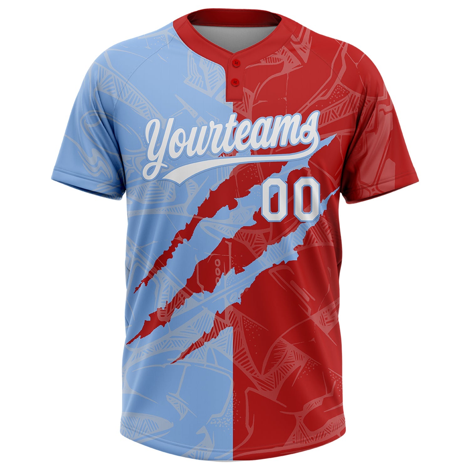 Custom Graffiti Pattern White Red-Light Blue 3D Scratch Two-Button Unisex Softball Jersey view 2