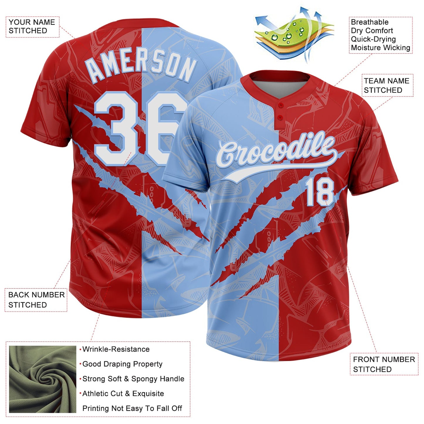 Custom Graffiti Pattern White Red-Light Blue 3D Scratch Two-Button Unisex Softball Jersey view 3
