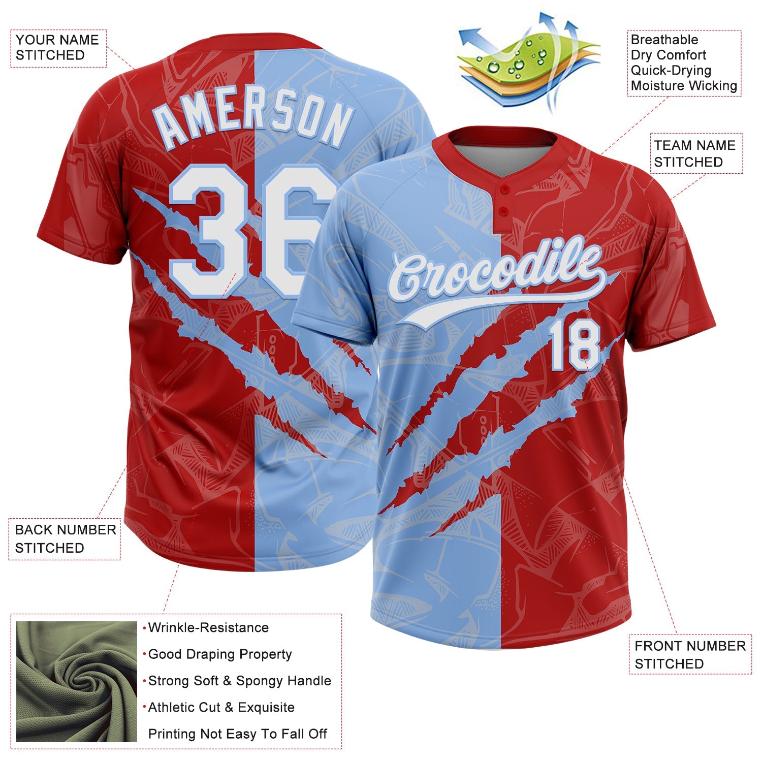 Custom Graffiti Pattern White Red-Light Blue 3D Scratch Two-Button Unisex Softball Jersey view 3