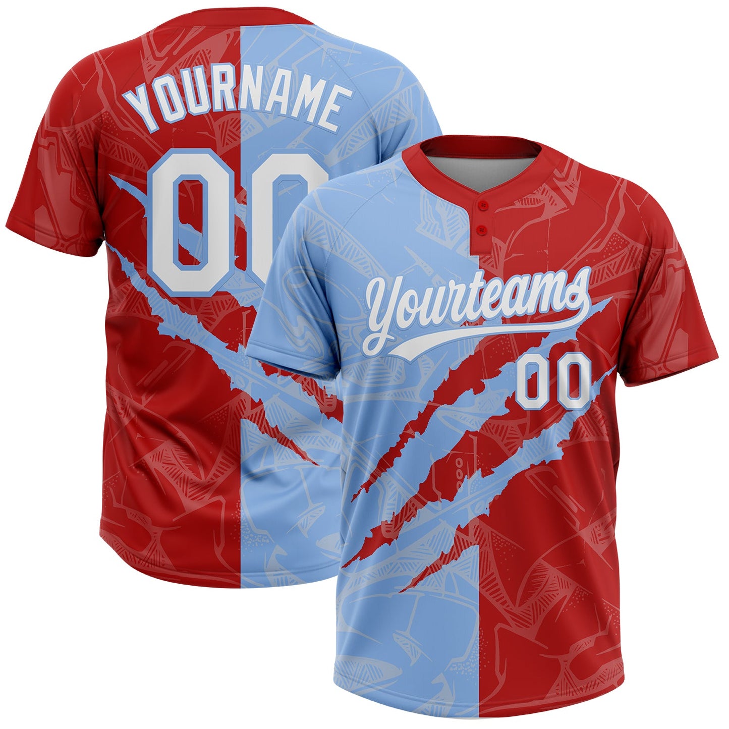 Custom Graffiti Pattern White Red-Light Blue 3D Scratch Two-Button Unisex Softball Jersey - Main View