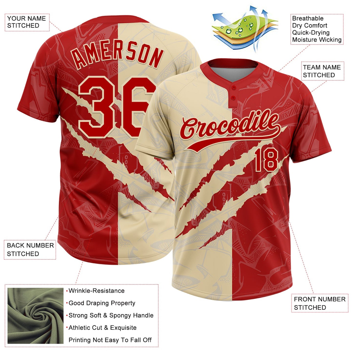 Custom Graffiti Pattern Red-Cream 3D Scratch Two-Button Unisex Softball Jersey view 3
