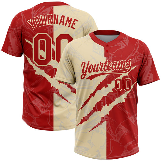 Custom Graffiti Pattern Red-Cream 3D Scratch Two-Button Unisex Softball Jersey - Main View