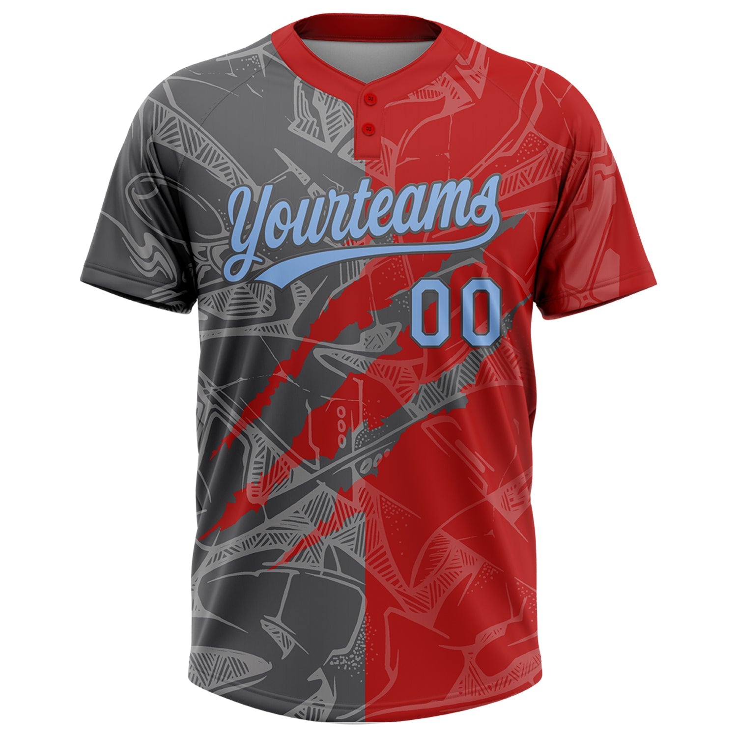 Custom Graffiti Pattern Light Blue Red-Steel Gray 3D Scratch Two-Button Unisex Softball Jersey view 2