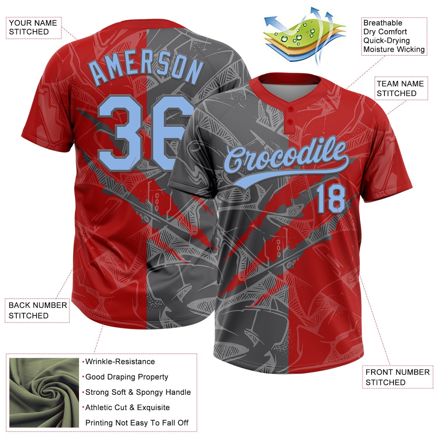Custom Graffiti Pattern Light Blue Red-Steel Gray 3D Scratch Two-Button Unisex Softball Jersey view 3