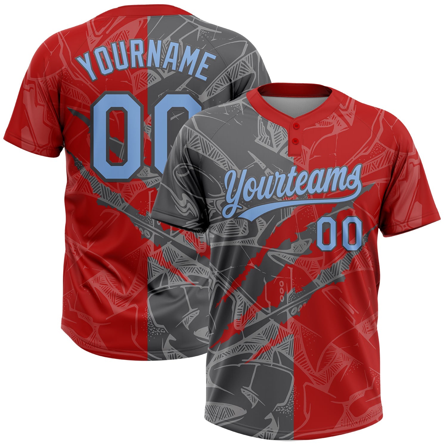 Custom Graffiti Pattern Light Blue Red-Steel Gray 3D Scratch Two-Button Unisex Softball Jersey - Main View