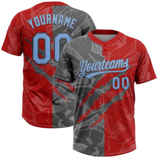 Custom Graffiti Pattern Light Blue Red-Steel Gray 3D Scratch Two-Button Unisex Softball Jersey - Main View
