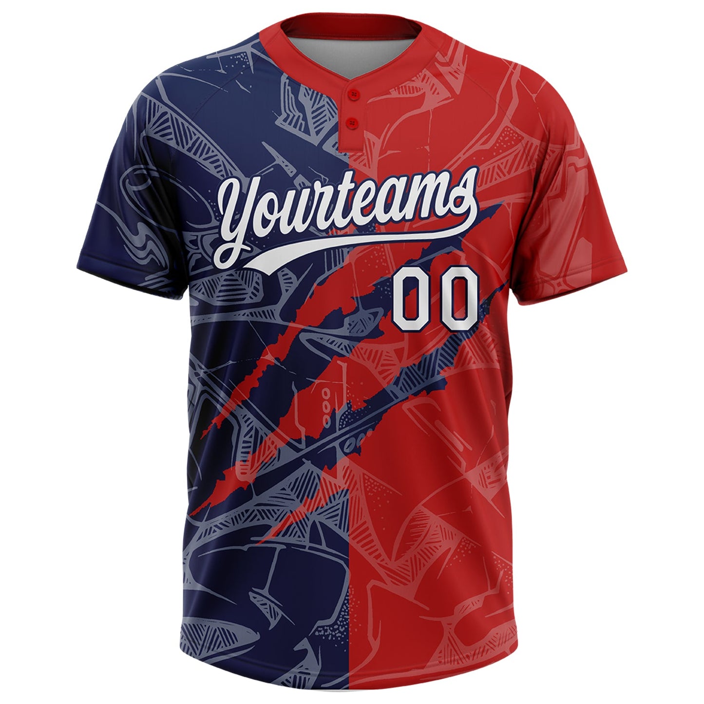 Custom Graffiti Pattern White Red-Navy 3D Scratch Two-Button Unisex Softball Jersey view 2