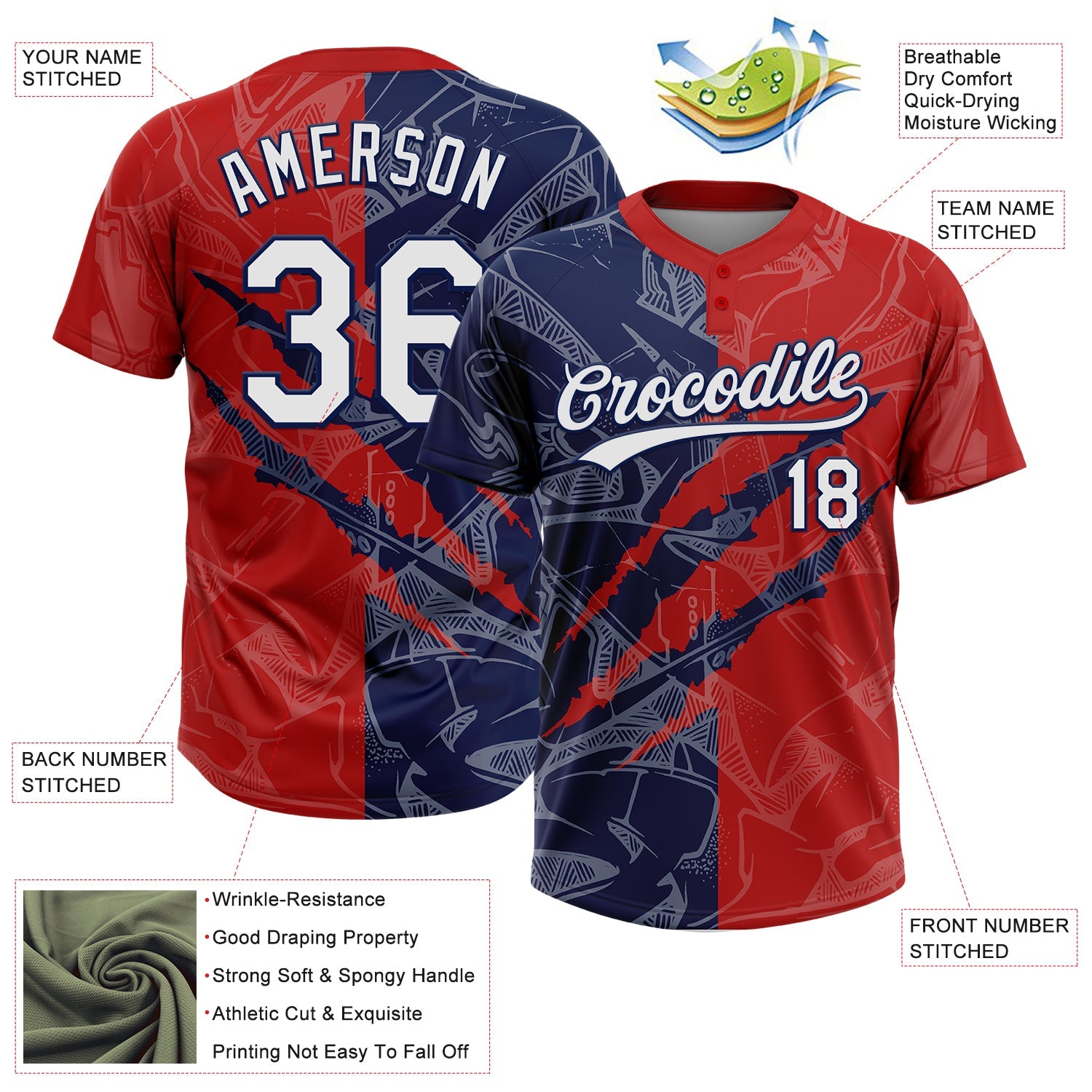 Custom Graffiti Pattern White Red-Navy 3D Scratch Two-Button Unisex Softball Jersey view 3