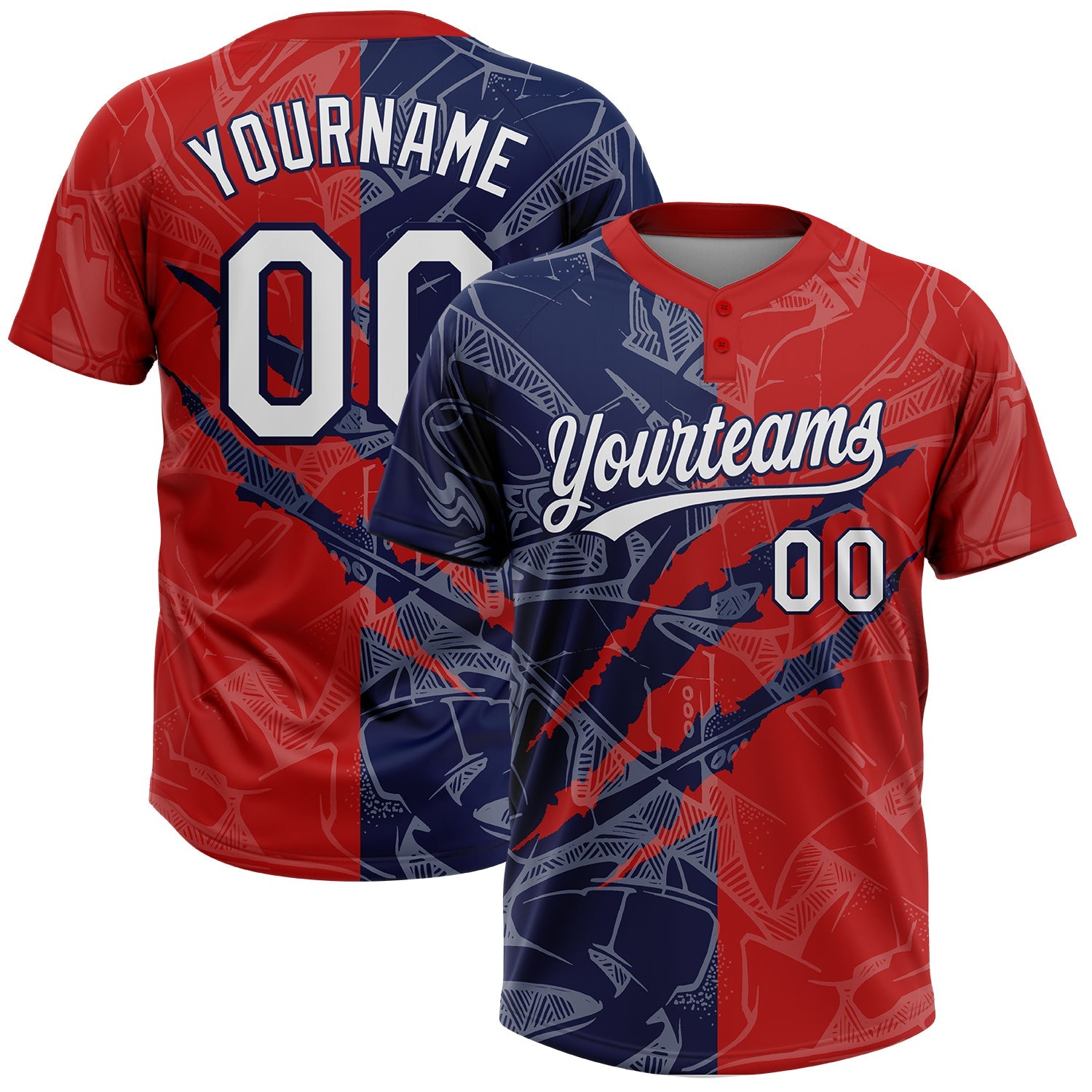 Custom Graffiti Pattern White Red-Navy 3D Scratch Two-Button Unisex Softball Jersey - Main View