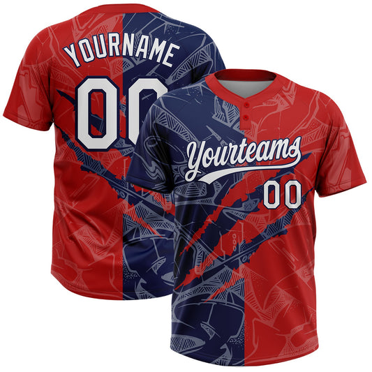 Custom Graffiti Pattern White Red-Navy 3D Scratch Two-Button Unisex Softball Jersey - Main View