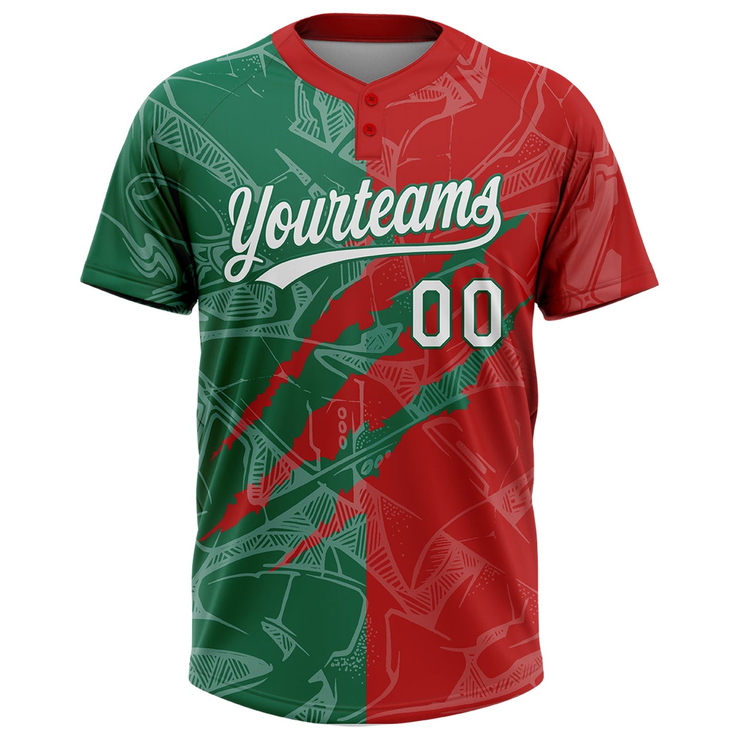 Custom Graffiti Pattern White Red-Kelly Green 3D Scratch Two-Button Unisex Softball Jersey view 2