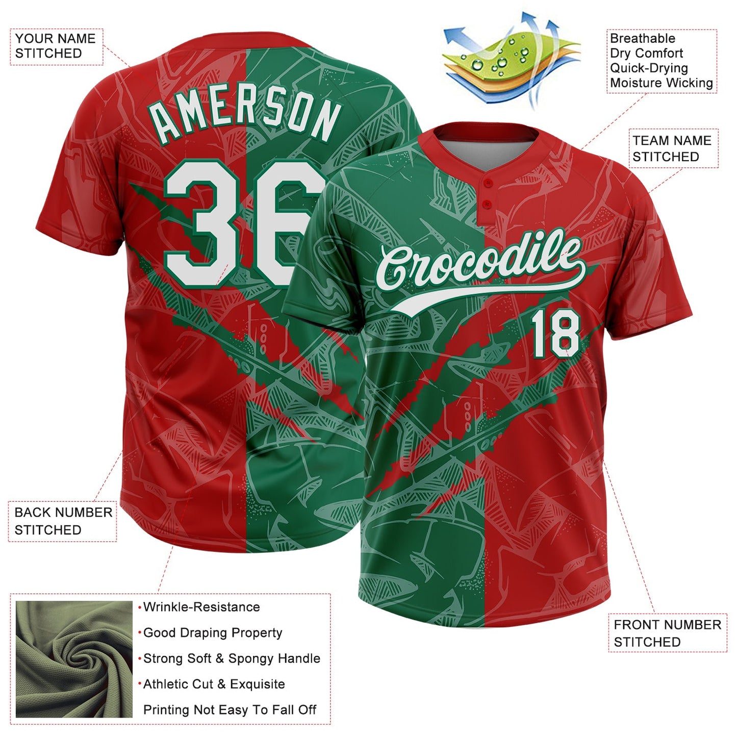 Custom Graffiti Pattern White Red-Kelly Green 3D Scratch Two-Button Unisex Softball Jersey view 3