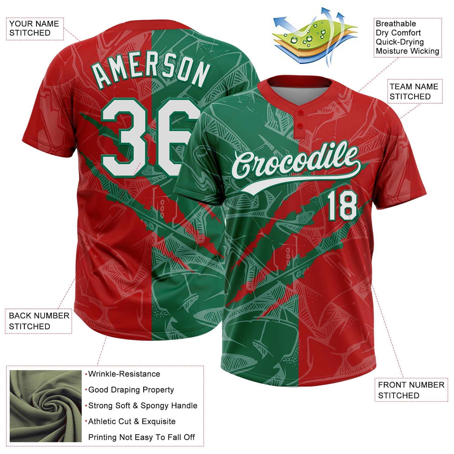 Custom Graffiti Pattern White Red-Kelly Green 3D Scratch Two-Button Unisex Softball Jersey view 3
